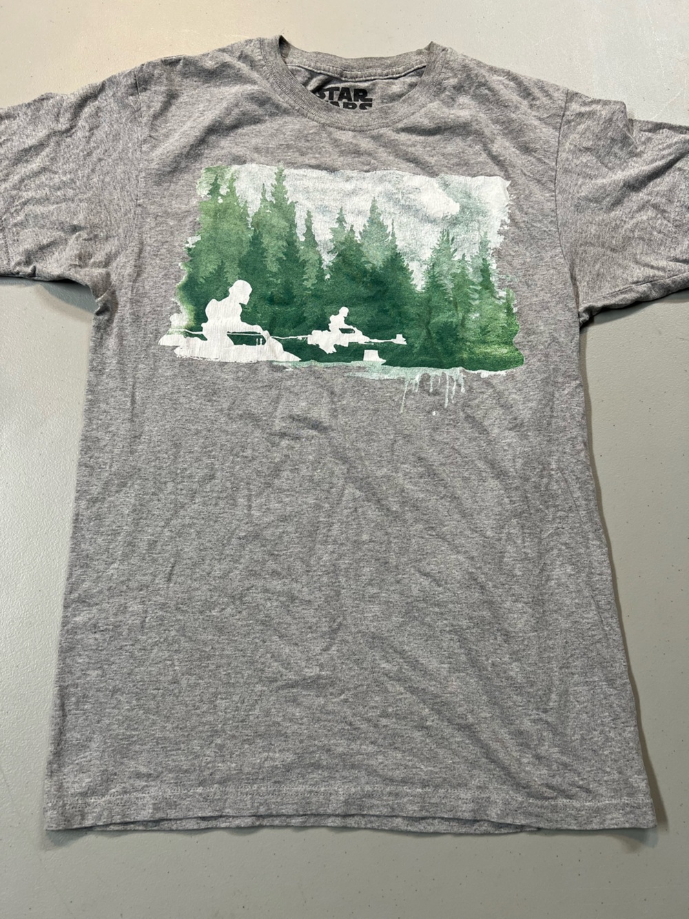 Star Wars Endor Forest Graphic T-Shirt Gray Size S Scout Trooper Speeder Bike